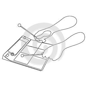 Continuous drawing of a person playing electronic drum pad with sticks. Hands holding drum sticks close up. Vector