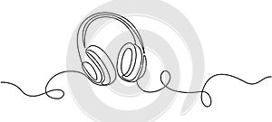 Continuous editable line drawing of headphones. Musical sound wave. Headset concept for music listening, playlists