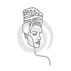 Continuous line abstract female portrait with african hairstyle. Hand drawn line African woman. Woman fashion beauty