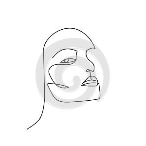 Continuous line abstract portrait. Hand drawn line unisexual face isolated on white background. Woman or man fashion