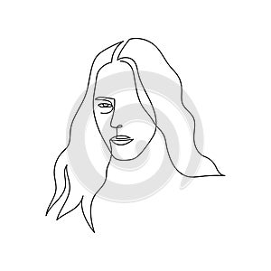 Continuous line abstract portrait. Single line unisexual face isolated on white background. Woman or man with long hair