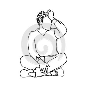 continuous line Anxious man in a white background