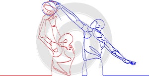 Continuous line art basketball blocking shot,  defender stops jump shot under the hoop during basketball game on basketball court photo