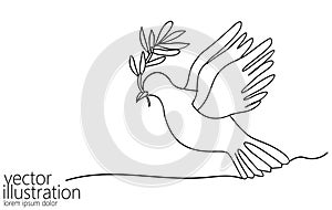 Continuous line art dove of peace. World Day pigeon hope emblem against military conflict violence poster drawing sketch