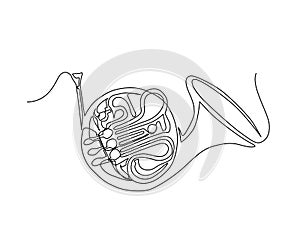 Continuous line art of french horn. One line drawing abstract french horn, music instrument