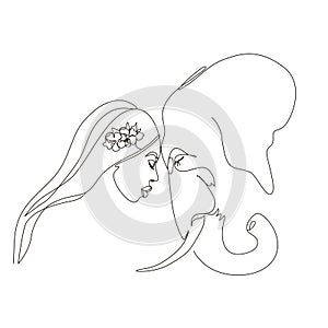 Continuous line art or One Line Drawing. African woman and elephant vector illustration, Ð½uman and animal friendship concept.