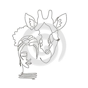 Continuous line art or One Line Drawing. African woman and giraffe vector illustration, Ð½uman and animal friendship concept.