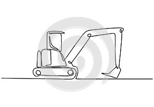 Continuous line art or one line drawing of construction backhoe vehicle. Heavy construction machinery concept. Excavator work