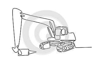 Continuous line art or one line drawing of construction backhoe vehicle. Heavy construction machinery concept. Excavator work