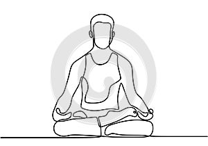 Continuous line art or one line drawing of man doing exercise in yoga pose. Sitting with cross leg and lotus yoga pose. Young male
