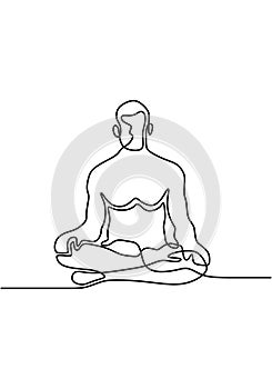 Continuous line art or one line drawing of man doing exercise in yoga pose. Sitting with cross leg. Yoga lotus pose. Young male