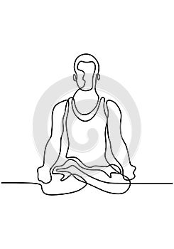 Continuous line art or one line drawing of man doing exercise in yoga pose. Sitting with cross leg. Yoga lotus pose. Young male