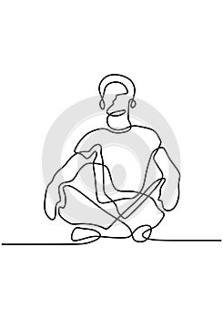 Continuous line art or one line drawing of man doing exercise in yoga pose. Sitting with cross leg. Yoga lotus pose. Young male