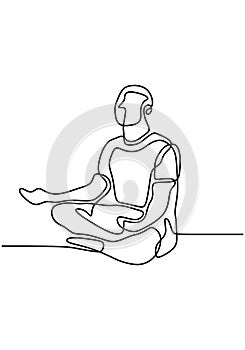 Continuous line art or one line drawing of man doing exercise in yoga pose. Sitting with cross leg. Yoga lotus pose. Young male