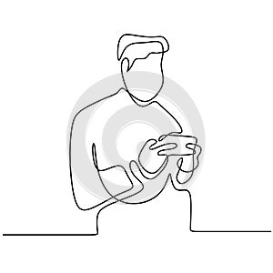 Continuous line boy teenager sitting in phone, smartphone. Young male who focus look in gadget to play the game. The concept of