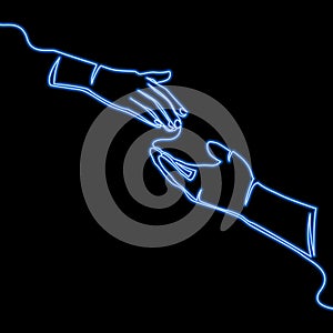 Continuous line Caring hand neon logo concept