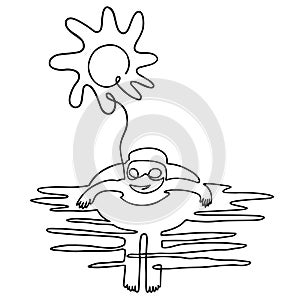 Continuous line child with swimming ring, single line sketch, one continuous line drawing.