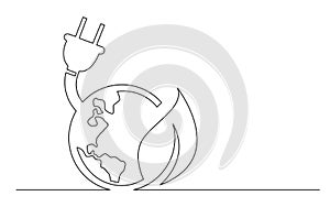 Continuous line concept sketch drawing of green electric energy planet earth symbol