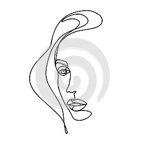 Continuous line drawing. Abstract woman portrait. One line face art vector illustration. Female linear contour isolated