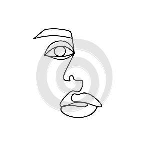 Continuous line drawing. Abstract woman portrait. One line face art vector illustration. Female linear contour isolated