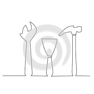 Continuous line drawing of a adjustable wrench, scraper, and hammer. Simple flat hand drawn style vector for tool in engineering