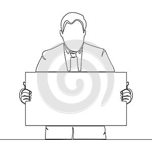 Continuous line drawing advertising businessman holding copy space blank sign concept