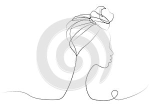 Continuous line drawing of Afro woman. Shenbolen Ankara Headwrap Women African Traditional Headtie Scarf Turban. Vector icon logo