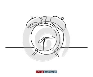 Continuous line drawing of alarm clock. Vector illustration.
