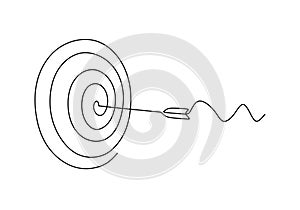 Continuous line drawing of arrow in center of target. One hand drawn goal object of archery business challenge metaphor. Vector