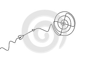 Continuous line drawing of arrow in center of target. One hand drawn goal object of archery business challenge metaphor. Vector