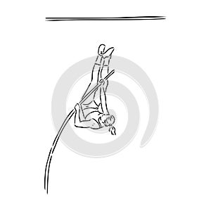 Continuous line drawing of athlete pole vault. One line jumping sport vector illustration on white background