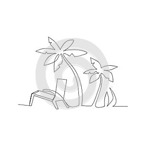 continuous line drawing of beach chair and palm trees. isolated sketch drawing of beach chair and palm trees line concept. outline