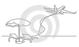 Continuous line drawing of beach chairs umbrella and passenger jet