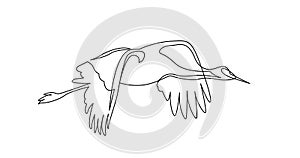 Continuous line drawing of beautiful crane bird flying