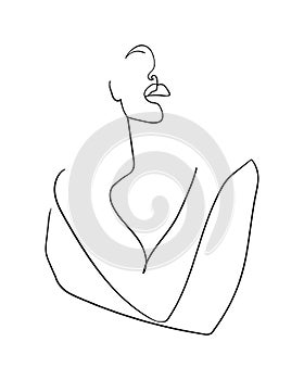 Continuous line, drawing of beauty woman hugging herself with crosed hands. Minimalism style.