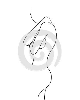 Continuous line, drawing of beauty woman hugging herself with crosed hands. Minimalism style.