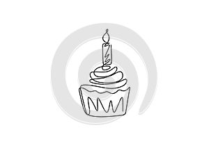 Continuous line drawing of Birthday cake with candle. A cake with cream and candles is drawn with a single line on a white