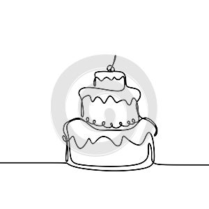 Continuous line drawing Birthday cake with candle. Symbol of celebration happy moment on white background vector illustration