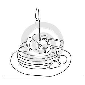 Continuous line drawing Birthday cake with candle. Symbol of celebration happy moment on white background vector illustration