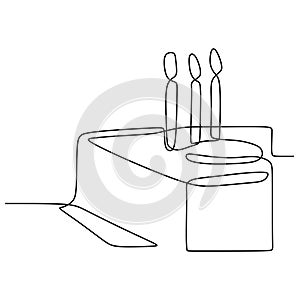 Continuous line drawing Birthday cake with candle. Symbol of celebration happy moment on white background vector illustration