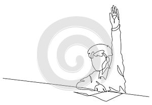 continuous line drawing of boy kid raising hand for asking teacher