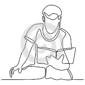 Continuous line drawing boy reading book vector illustration minimalist concept education back to schhol theme photo