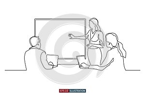 Continuous line drawing of business brief, presentation or training. Vector illustration.