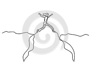 Continuous line drawing of business concept - woman jumping over canyon
