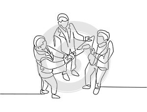 Continuous line drawing of business man handshake his colleague to deal a project. Business teamwork meeting at office concept.