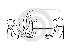 Continuous line drawing of business presentation with team in meeting room. Young manager explain something about new project.