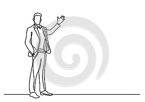 Continuous line drawing of business situation - standing businessman making presentation