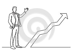 Continuous line drawing of business situation - standing businessman presenting rising diagram