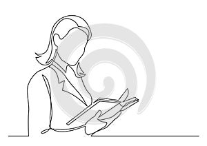 Continuous line drawing of business woman reading book