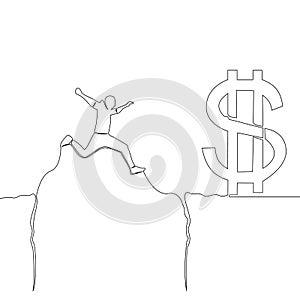 Continuous line drawing Businessman jumps to money through abyss concept